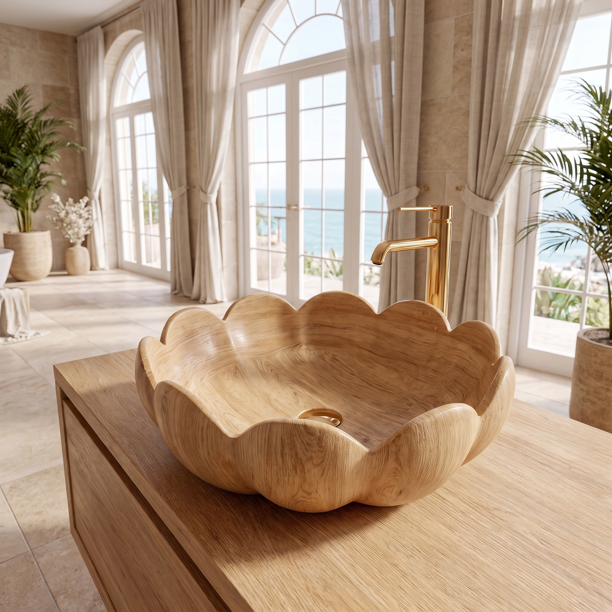 Aurelith Handcrafted Solid Wood Flower Vessel Sink Natural Oak - Timberustic Vessel Sinks
