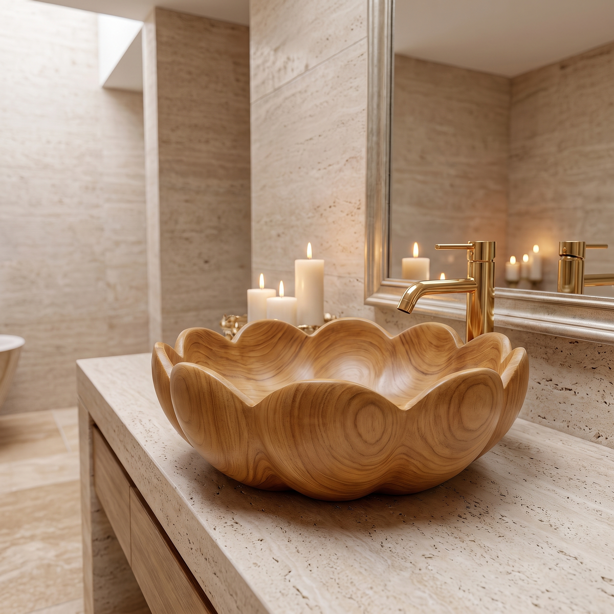 Aurelith Handcrafted Solid Wood Flower Vessel Sink Teak - Timberustic Vessel Sinks