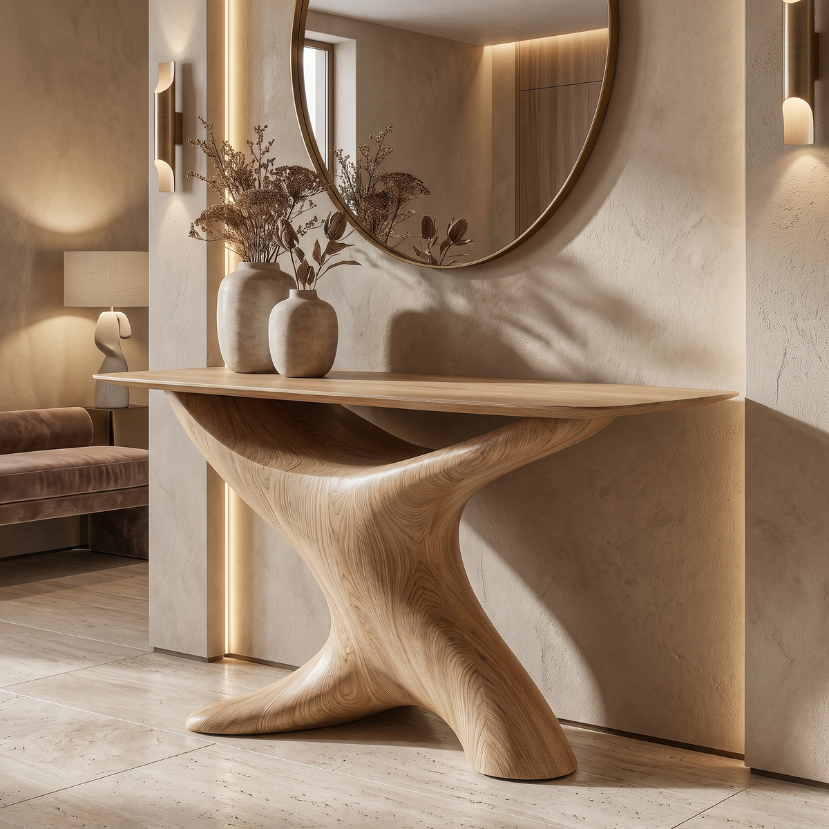 Aurelith Sculpted Solid Wood Console Table Natural Oak - Timberustic Console Table