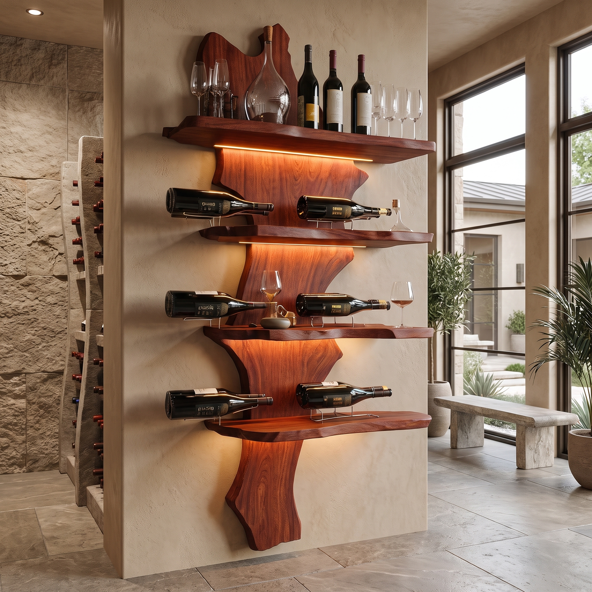 Aurevik Live Edge Solid Wood Floating Wine Shelf SPA290525 Mahogany - Timberustic Floating Wine Shelf