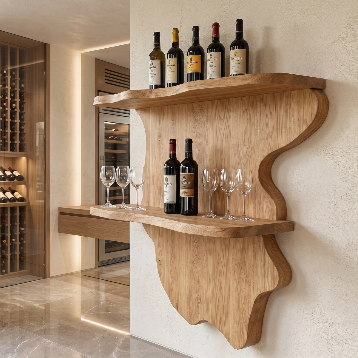Bramblewood Live Edge Solid Wood Floating Wine Shelf SPA244750 — Natural Oak