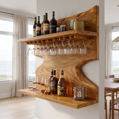 Bravanor Live Edge Handcrafted Floating Wine Shelf SPA578404 Teak - Timberustic Floating Wine Shelf
