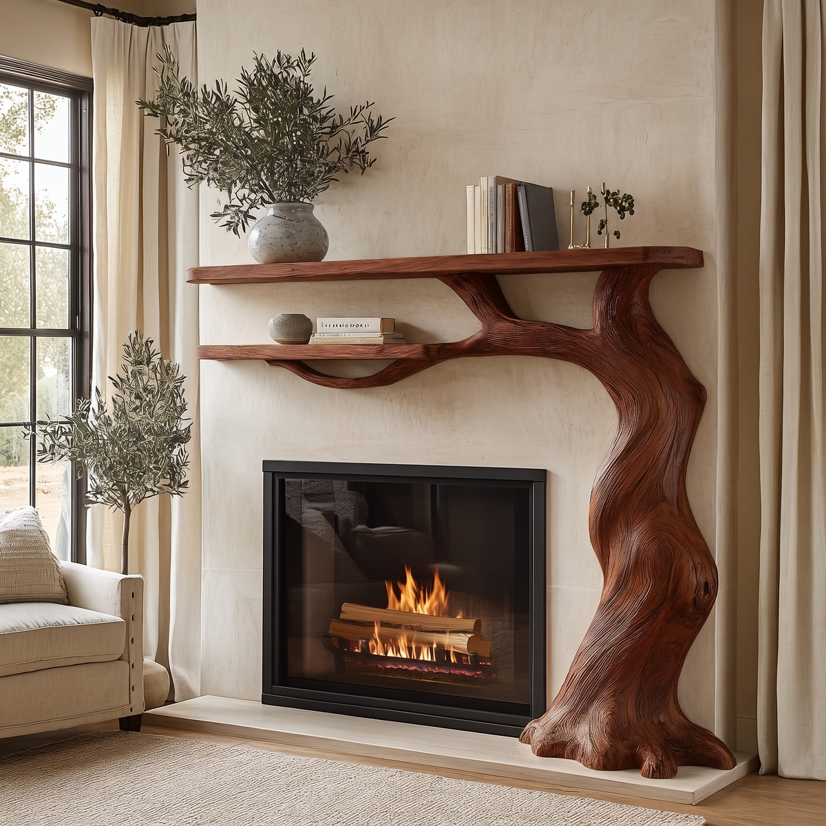 Briarhollow Sculpted Solid Wood Tree-Shaped Fireplace Mantel with Display Shelves Mahogany - Timberustic Tree-Shaped Fireplace Mantel with Display Shelves