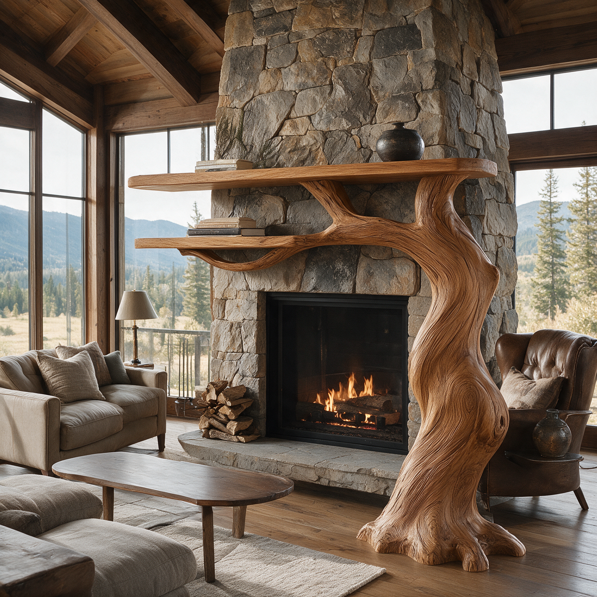 Briarhollow Sculpted Solid Wood Tree-Shaped Fireplace Mantel with Display Shelves Teak - Timberustic Tree-Shaped Fireplace Mantel with Display Shelves