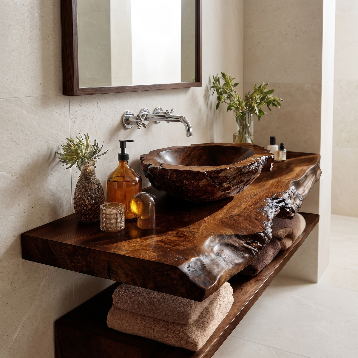 Cavello Handcrafted Live Edge Solid Wood Floating Bathroom Vanity SPA234268 Dark Walnut - Timberustic Floating Bathroom Vanity