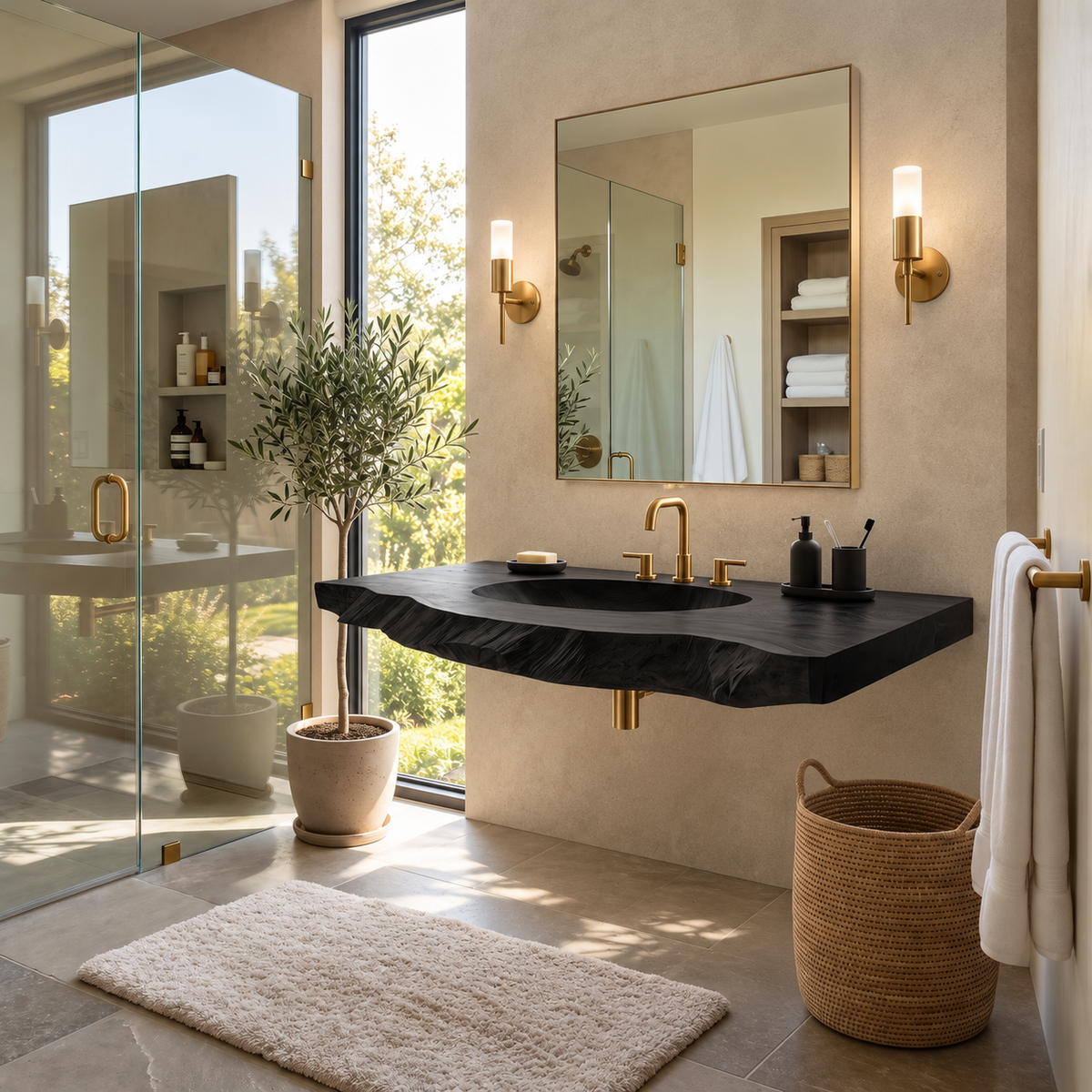 Cavira Live Edge Solid Wood Floating Bathroom Vanity with Integrated Sink SPA354645 Black - Timberustic Floating Bathroom Vanity with Integrated Sink
