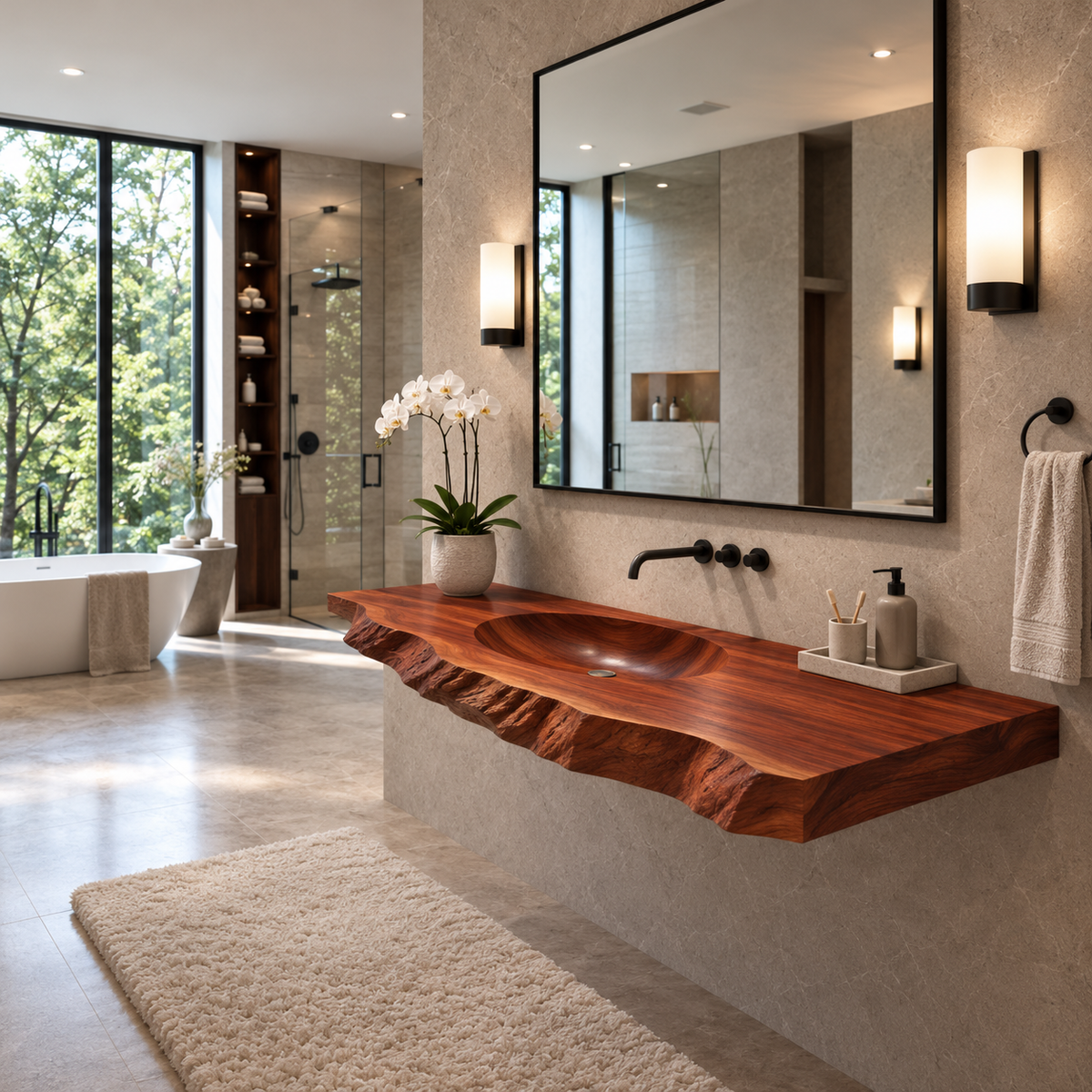 Cavira Live Edge Solid Wood Floating Bathroom Vanity with Integrated Sink SPA354645 Mahogany - Timberustic Floating Bathroom Vanity with Integrated Sink