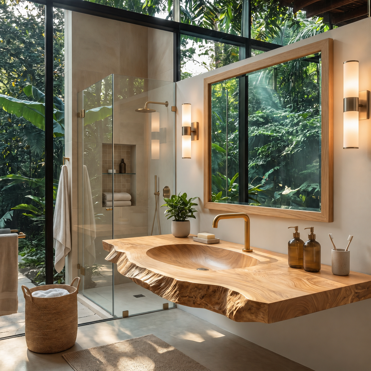 Cavira Live Edge Solid Wood Floating Bathroom Vanity with Integrated Sink SPA354645 Natural Oak - Timberustic Floating Bathroom Vanity with Integrated Sink