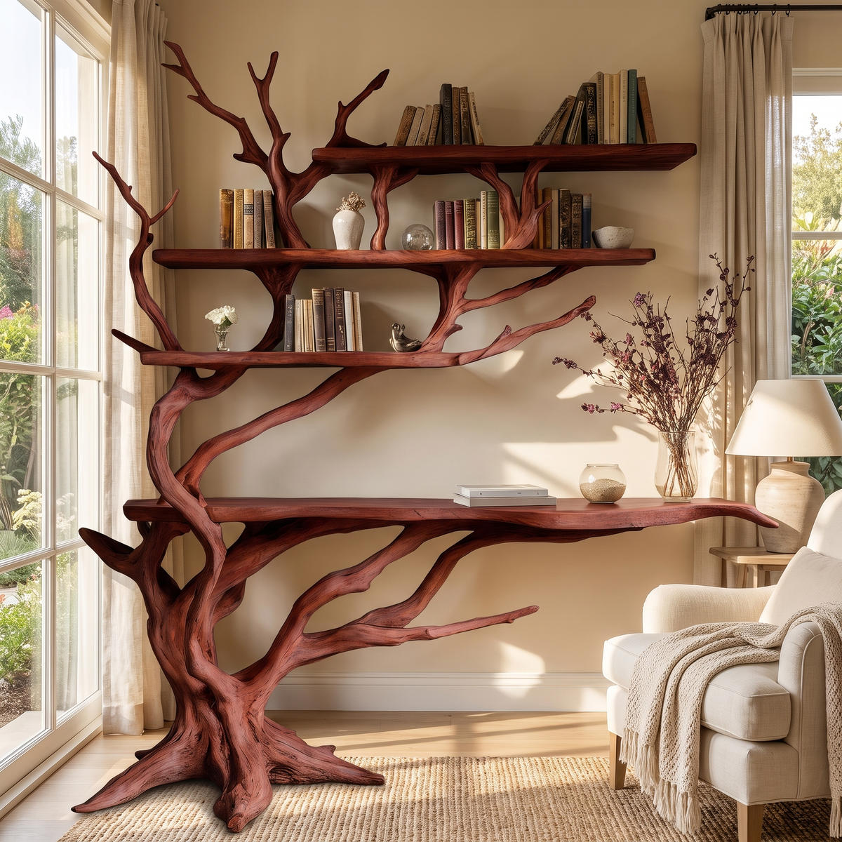 Cirevon Sculpted Solid Wood Console Table with Shelves Mahogany - Timberustic Console Table with Shelves