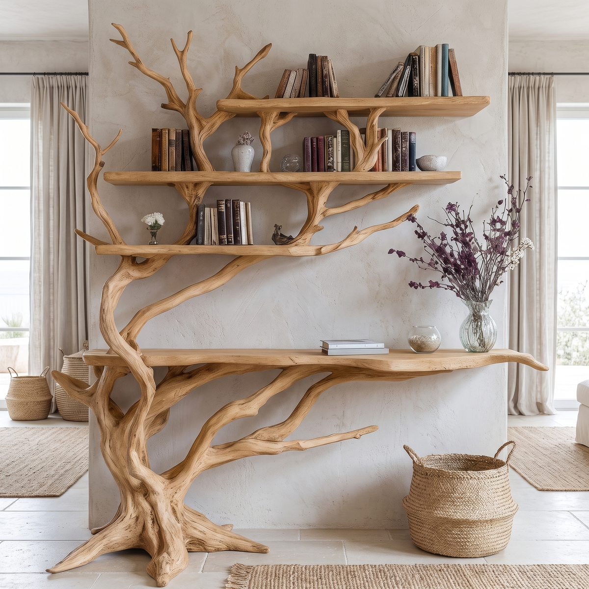Cirevon Sculpted Solid Wood Console Table with Shelves Natural Oak - Timberustic Console Table with Shelves