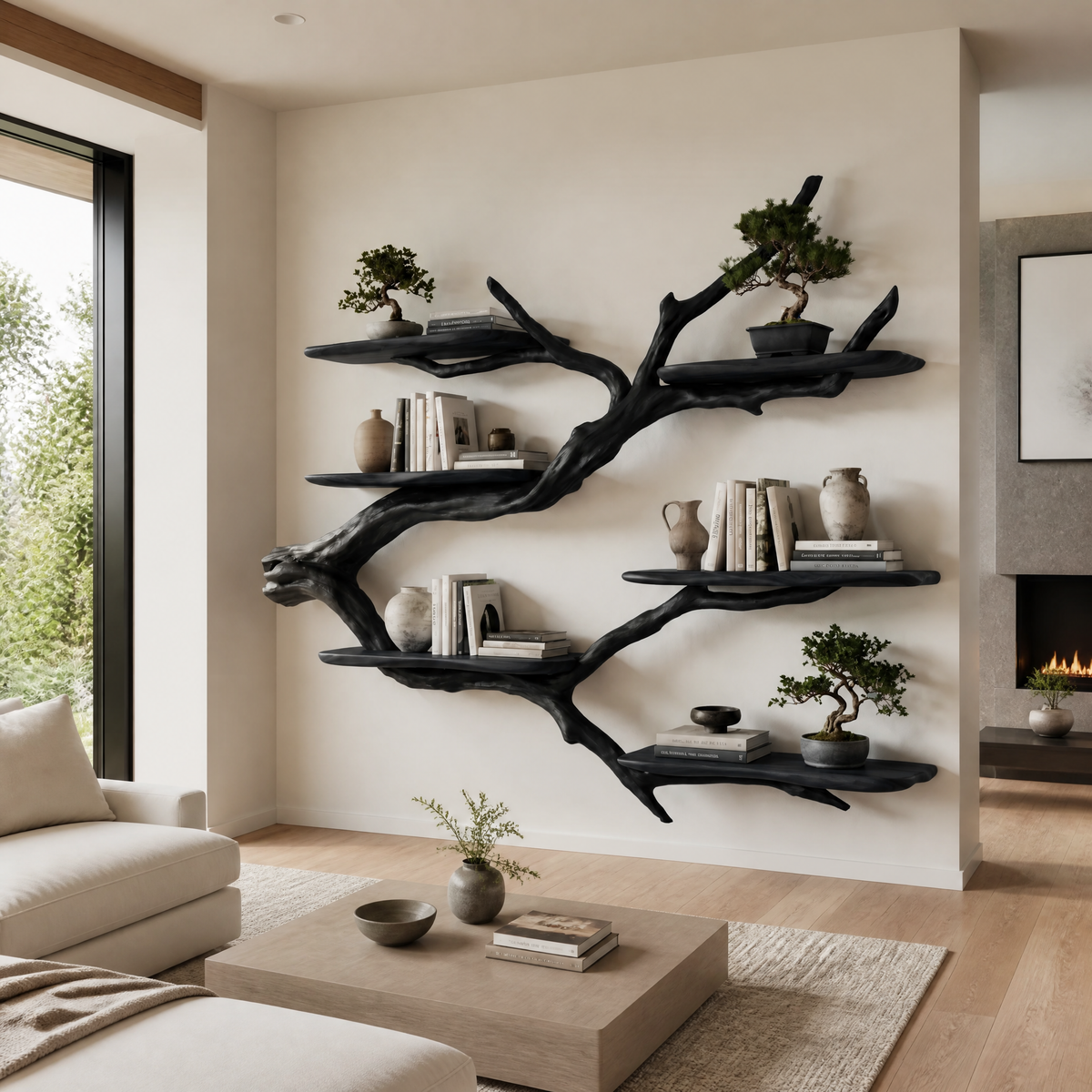 Crestbloom Handcrafted Solid Wood Floating Tree Bookshelf Black - Timberustic Floating Tree Bookshelf