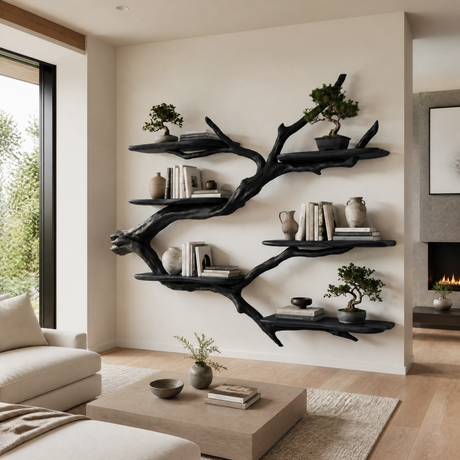 Crestbloom Handcrafted Solid Wood Floating Tree Bookshelf Black - Timberustic Floating Tree Bookshelf