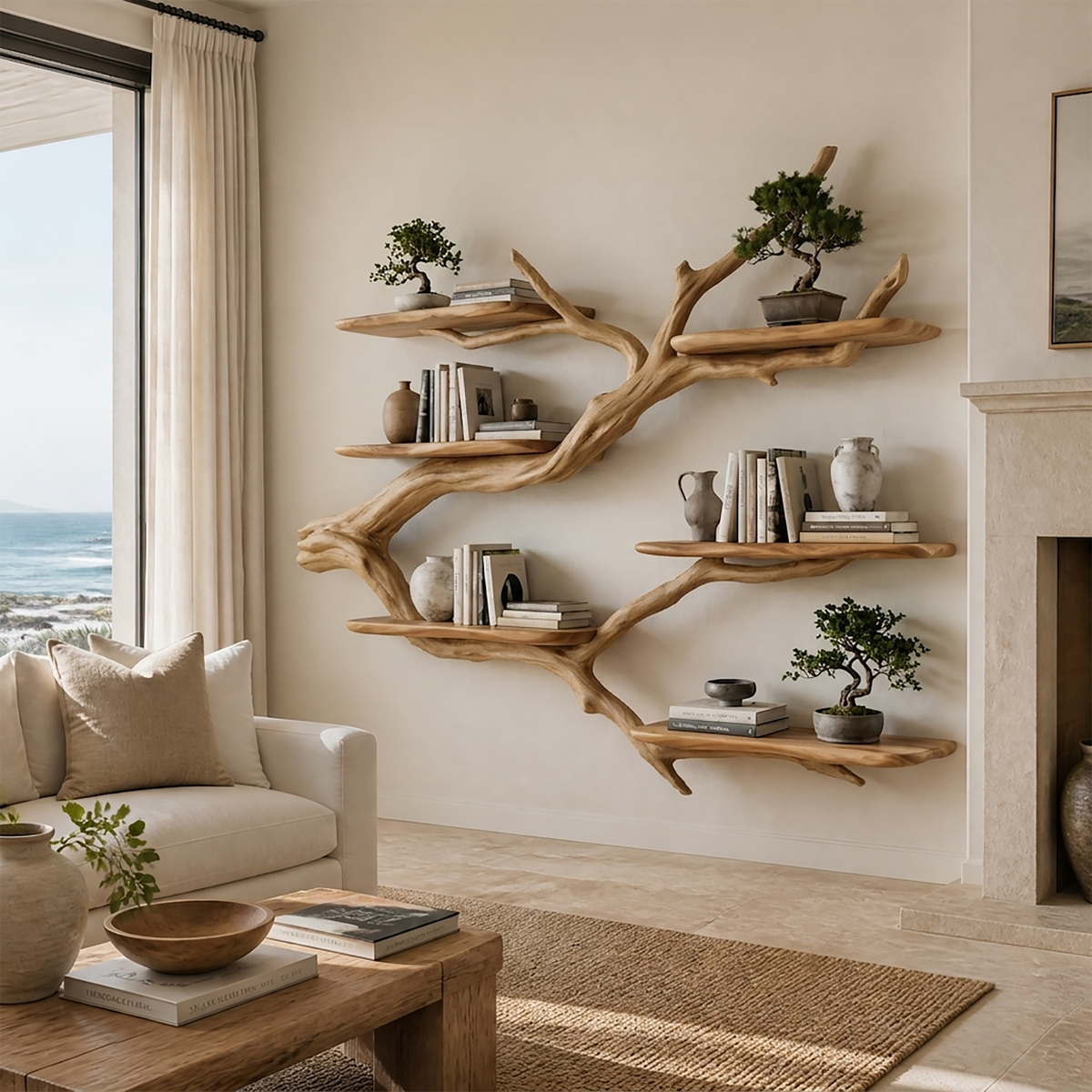 Crestbloom Handcrafted Solid Wood Floating Tree Bookshelf Natural Oak - Timberustic Floating Tree Bookshelf