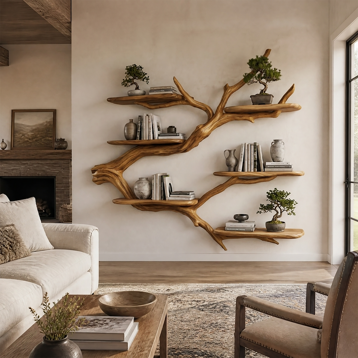 Crestbloom Handcrafted Solid Wood Floating Tree Bookshelf Teak - Timberustic Floating Tree Bookshelf