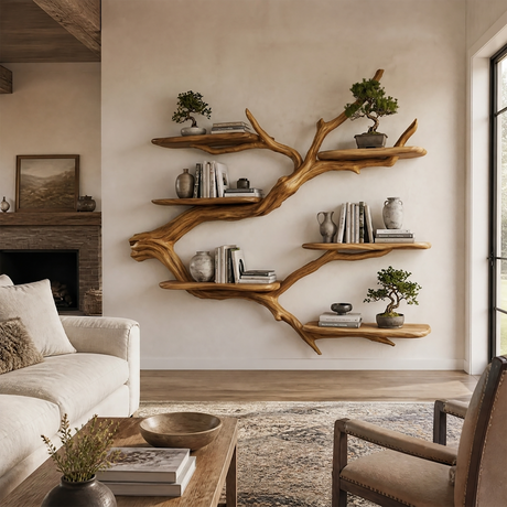 Crestbloom Handcrafted Solid Wood Floating Tree Bookshelf Teak - Timberustic Floating Tree Bookshelf