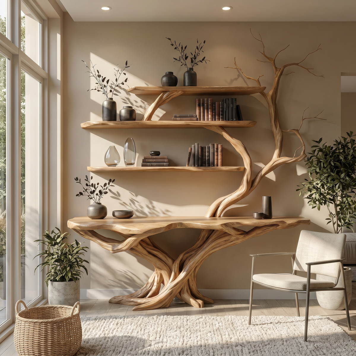 Draevon Sculpted Solid Wood Console Table with Shelves Natural Oak - Timberustic Console Table with Shelves
