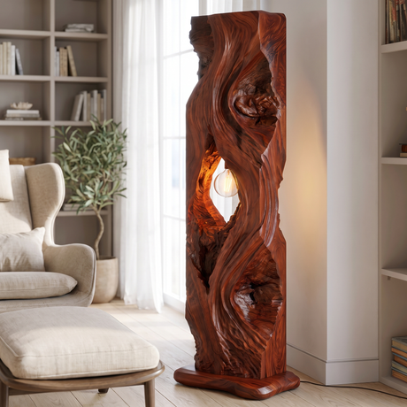 Dravaryn Sculpted Solid Wood Floor Lamp Mahogany - Timberustic Floor Lamp