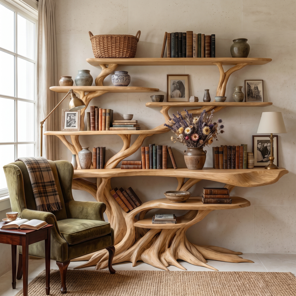 Drevanor Sculpted Solid Wood Console Table with Shelves Natural Oak - Timberustic Console Table with Shelves
