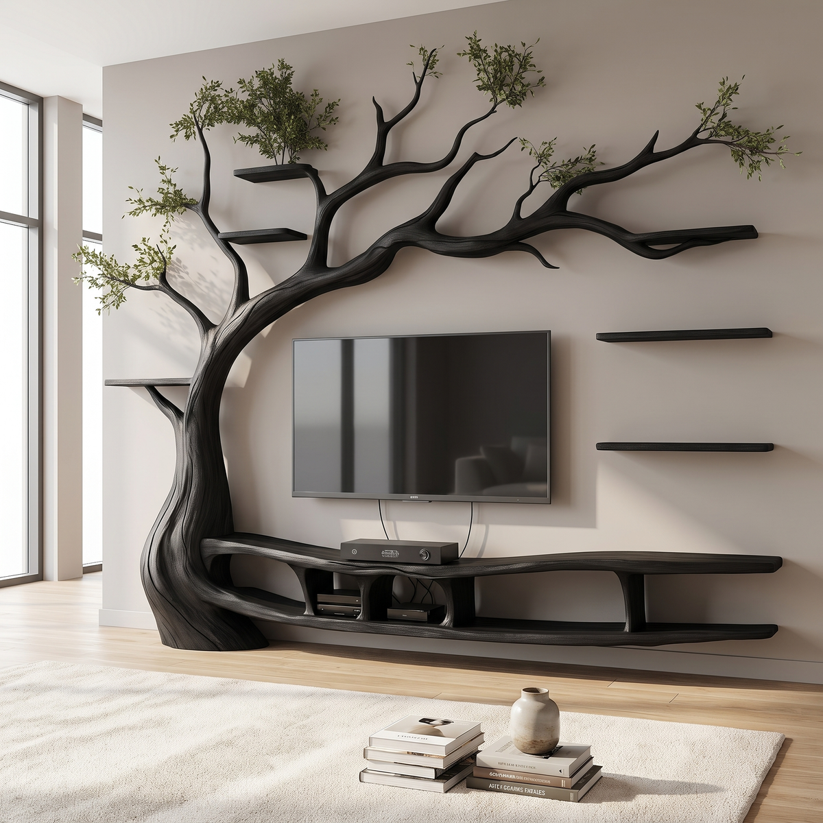 Eldergrove Handcrafted Solid Wood Tree TV Console Black - Timberustic TV Console with Tree Shelf