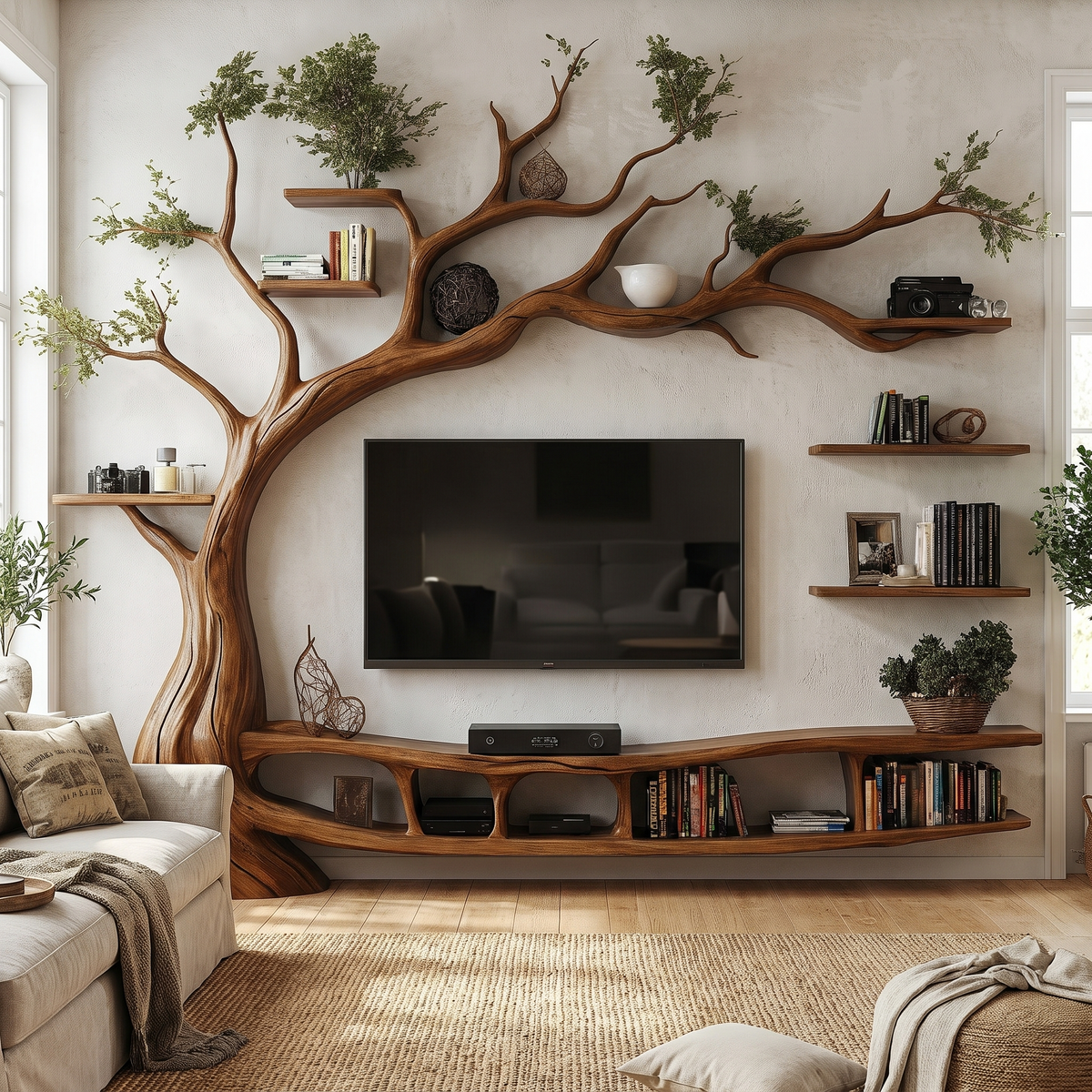 Eldergrove Handcrafted Solid Wood Tree TV Console Brown - Timberustic TV Console with Tree Shelf
