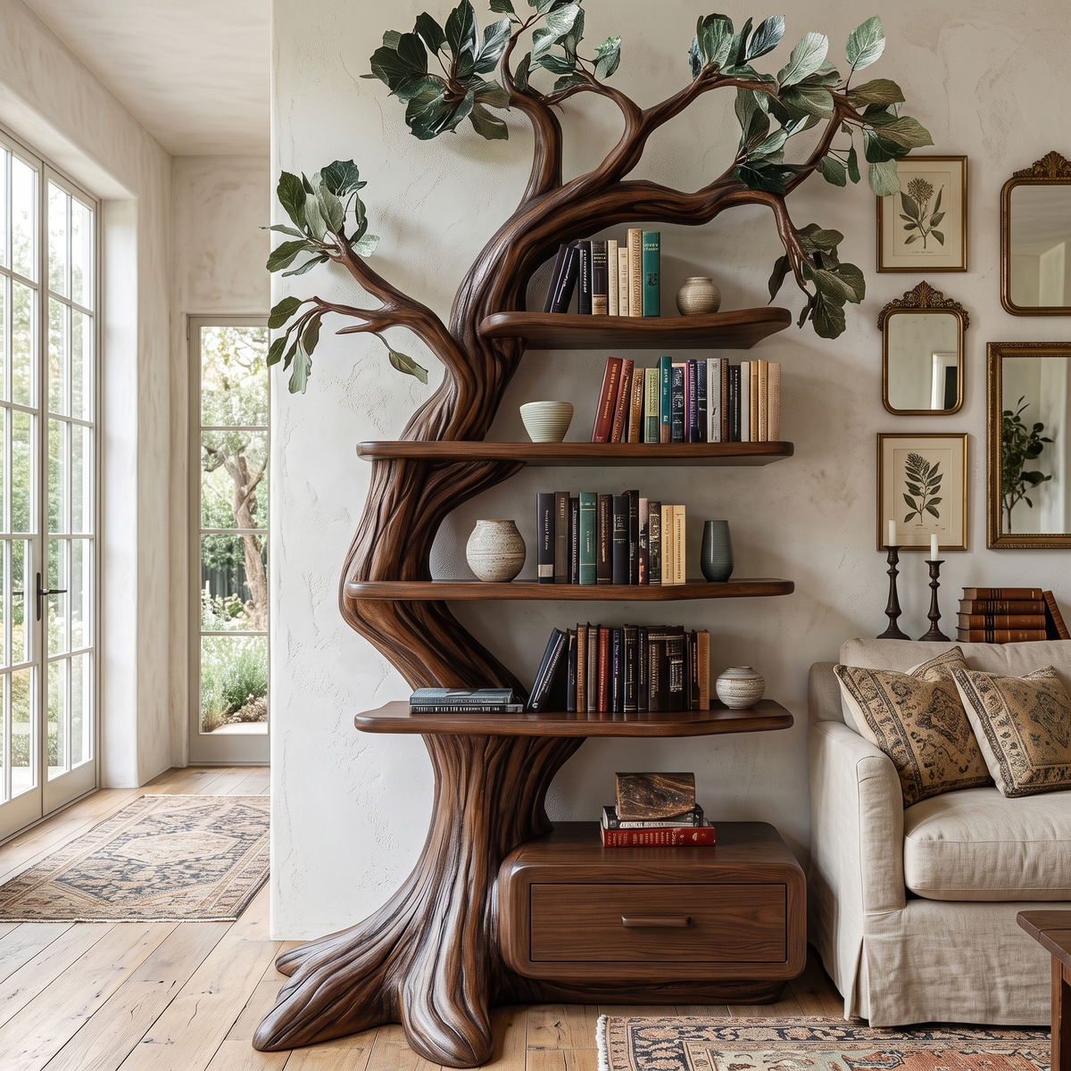 Eldrasyl Handcrafted Sculpted Solid Wood Tree Bookshelf with Drawers SPA235732 Dark Walnut - Timberustic Tree Bookshelf with Drawers
