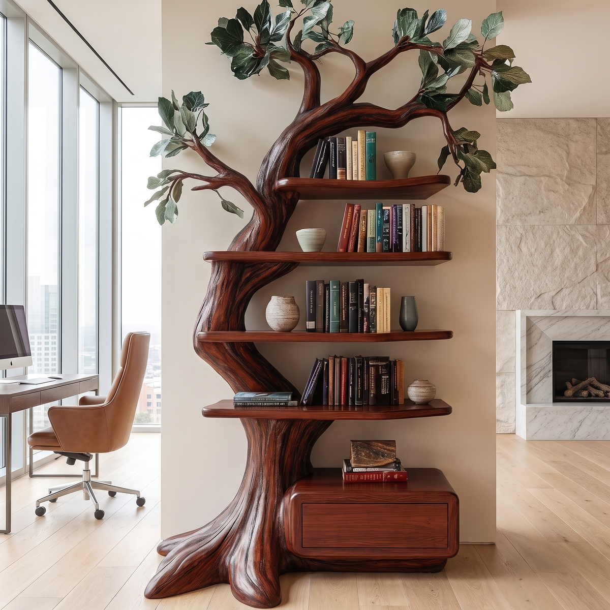 Eldrasyl Handcrafted Sculpted Solid Wood Tree Bookshelf with Drawers SPA235732 Mahogany - Timberustic Tree Bookshelf with Drawers