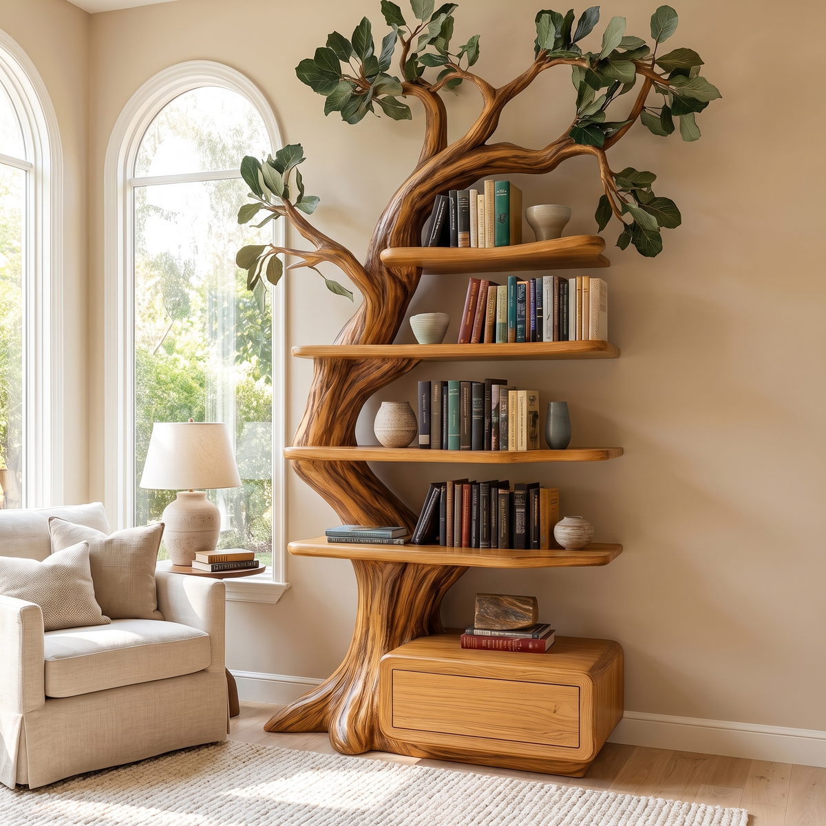 Eldrasyl Handcrafted Sculpted Solid Wood Tree Bookshelf with Drawers SPA235732 Teak - Timberustic Tree Bookshelf with Drawers