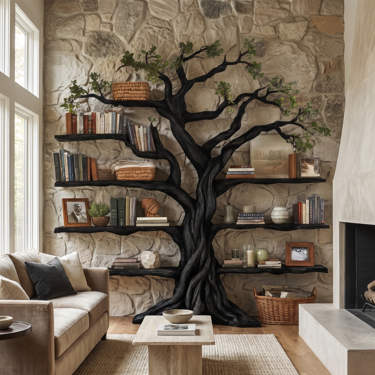 Eldrathen Sculpted Solid Wood Tree Bookshelf Black - Timberustic Tree Bookshelf