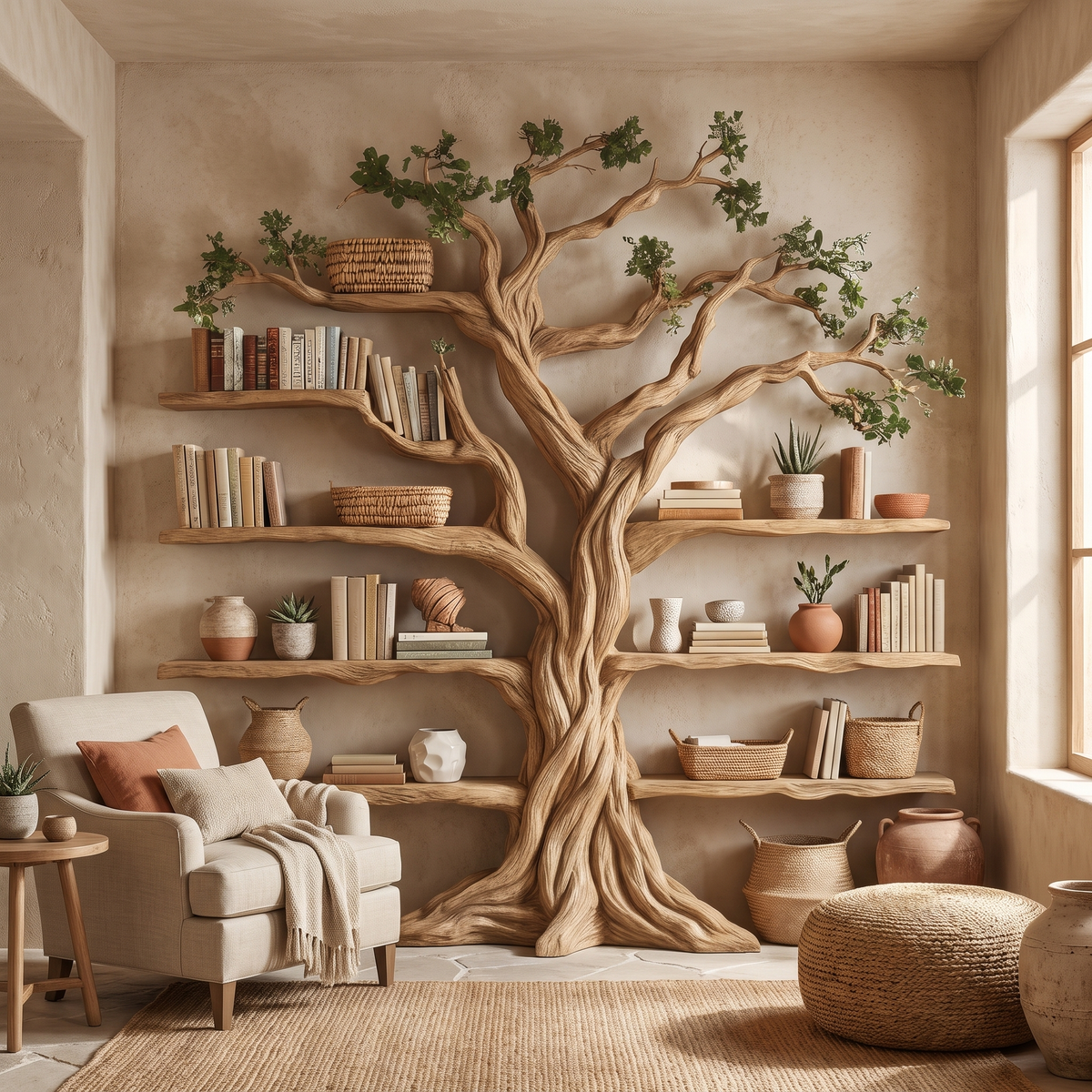 Eldrathen Sculpted Solid Wood Tree Bookshelf Natural Oak - Timberustic Tree Bookshelf