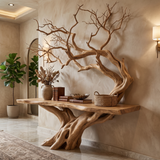 Eldravane Sculpted Solid Wood Console Table Natural Oak - Timberustic Console Table with Shelves