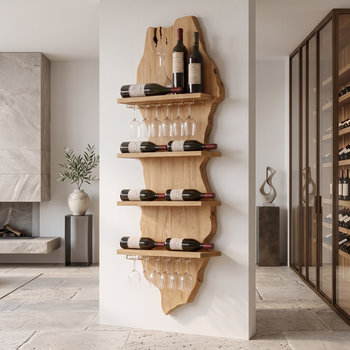 Eldrion Live Edge Solid Wood Floating Wine Shelf SPA295678 Natural Oak - Timberustic Floating Wine Shelf