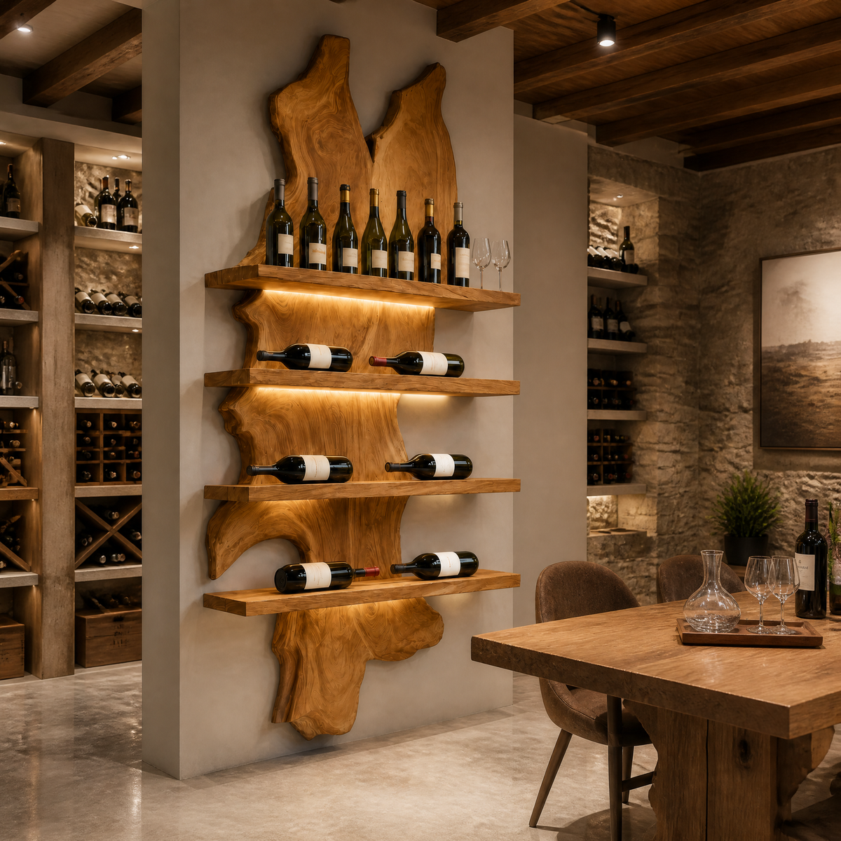 Kaelvorn Live Edge Solid Wood Floating Wine Shelf SPA825782 Teak - Timberustic Floating Wine Shelf