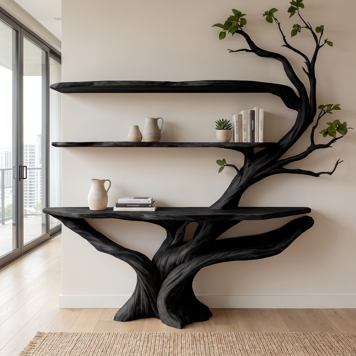 Kavion Sculpted Solid Wood Console Table with Shelves Black - Timberustic Console Table with Shelves