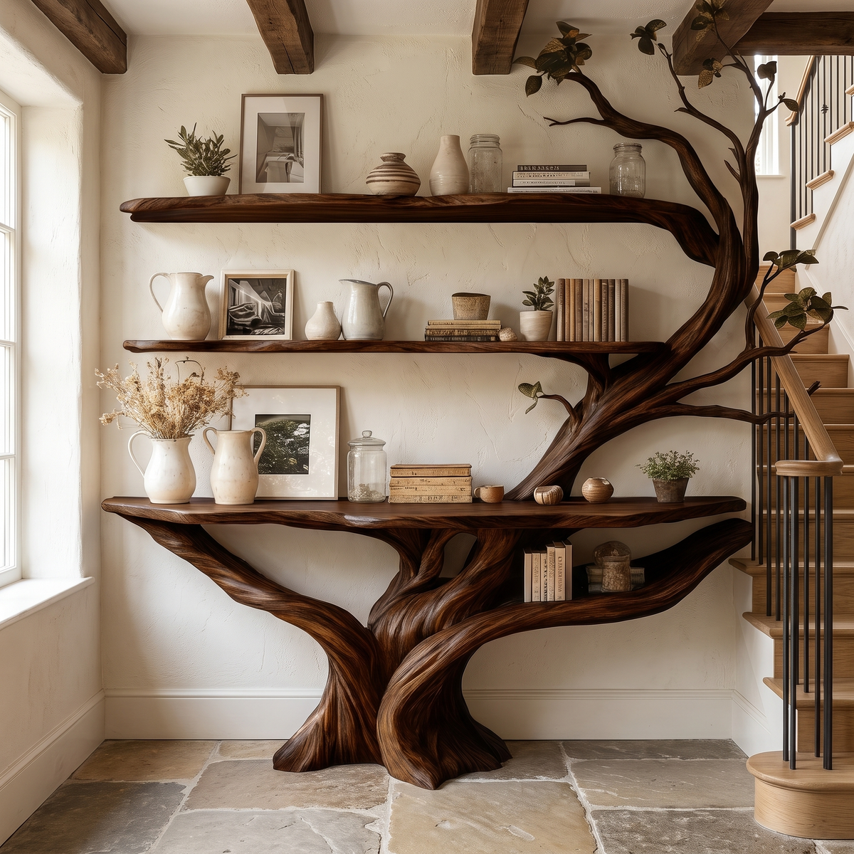 Kavion Sculpted Solid Wood Console Table with Shelves Dark Walnut - Timberustic Console Table with Shelves