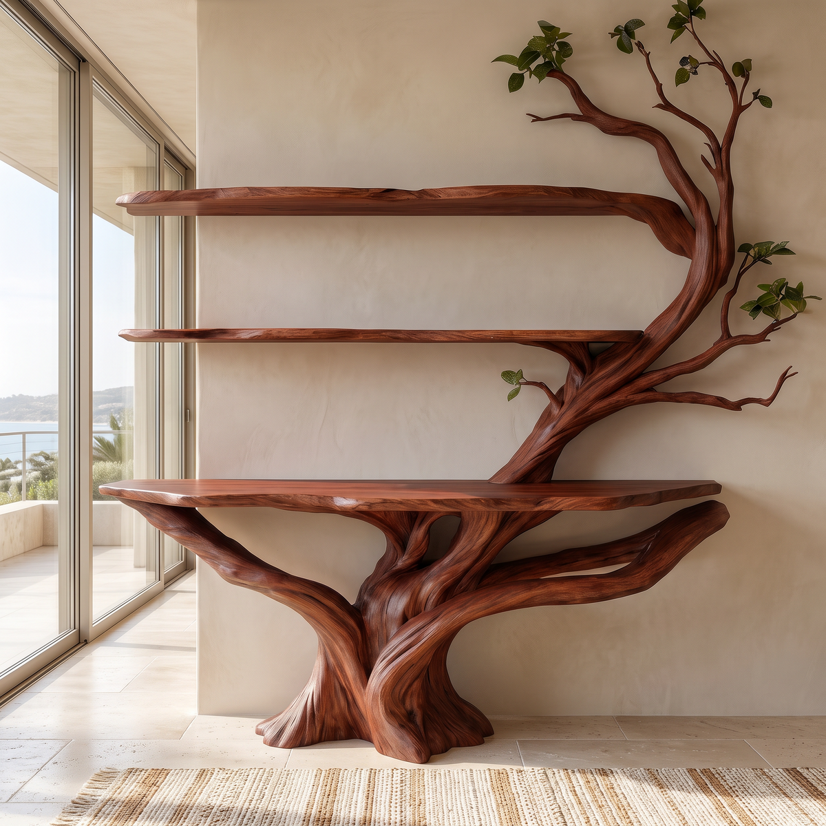 Kavion Sculpted Solid Wood Console Table with Shelves Mahogany - Timberustic Console Table with Shelves