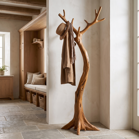Lunareth Sculpted Solid Wood Tree Coat Rack Teak - Timberustic Tree Coat Rack