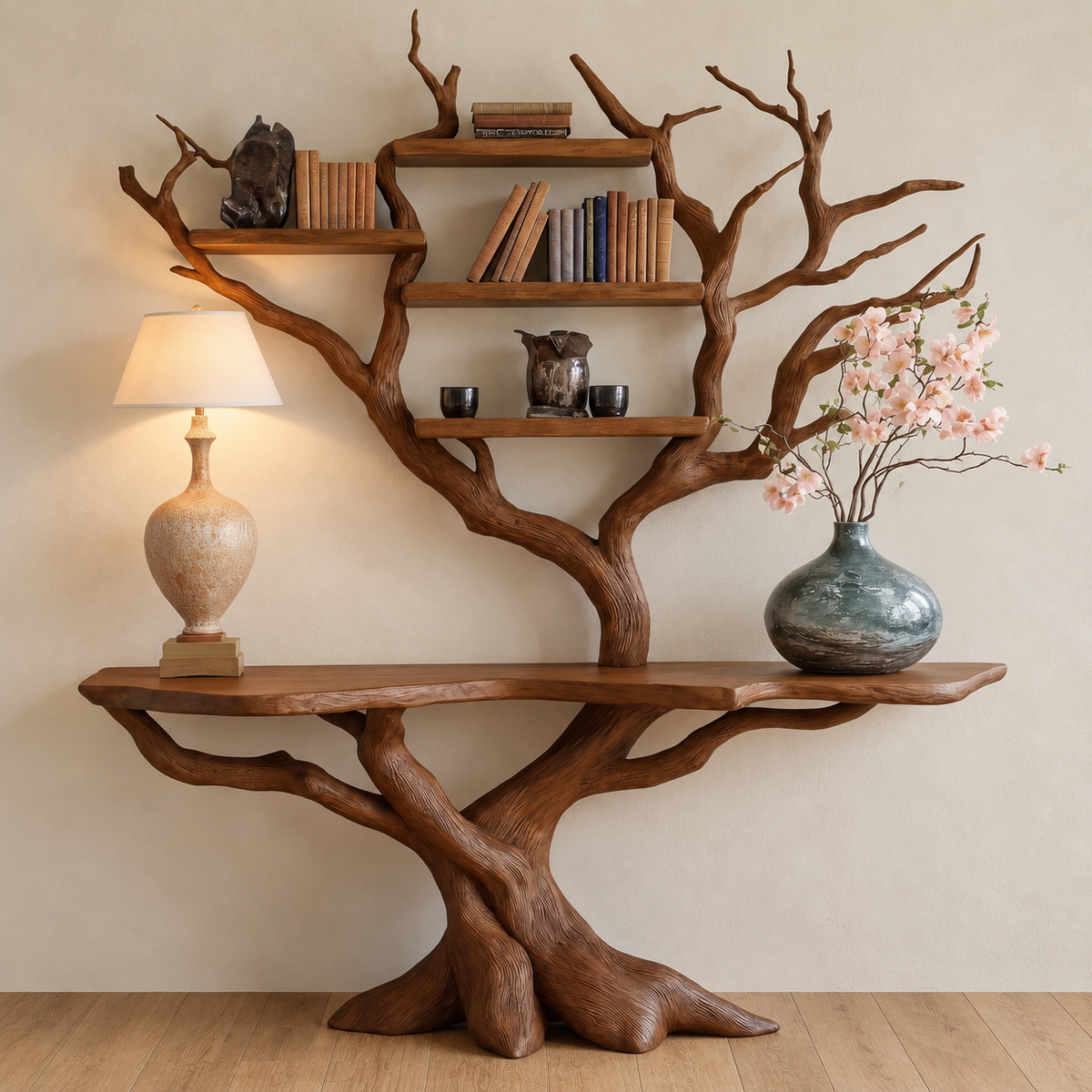 Myrrion Sculpted Solid Wood Console Table with Shelves Brown - Timberustic Console Table with Shelves