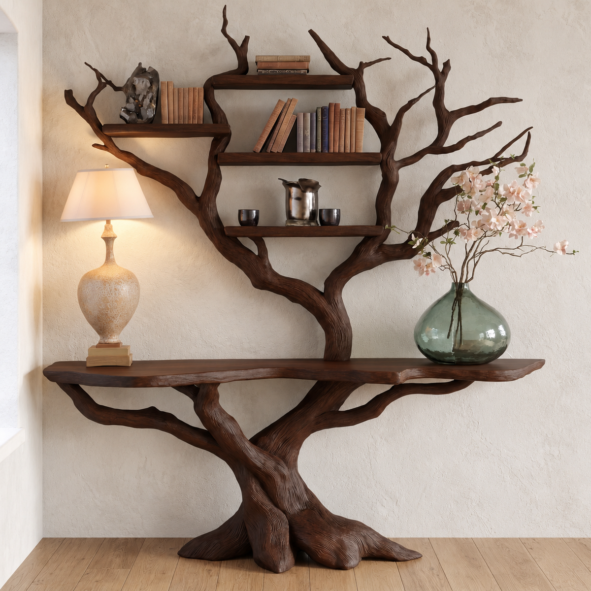 Myrrion Sculpted Solid Wood Console Table with Shelves Dark Walnut - Timberustic Console Table with Shelves