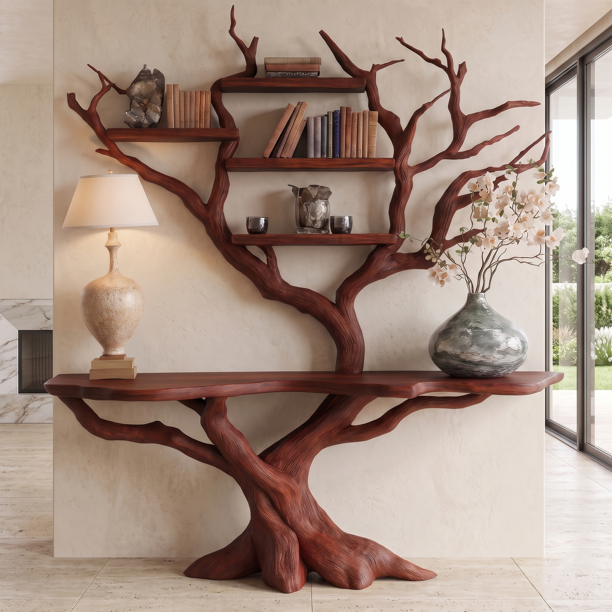 Myrrion Sculpted Solid Wood Console Table with Shelves Mahogany - Timberustic Console Table with Shelves