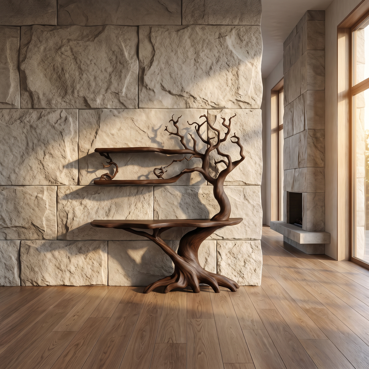 Nerithra Sculpted Solid Wood Console Table with Shelves Dark Walnut - Timberustic Console Table with Shelves