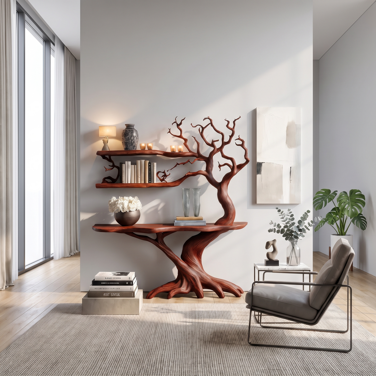 Nerithra Sculpted Solid Wood Console Table with Shelves Mahogany - Timberustic Console Table with Shelves