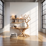 Nerithra Sculpted Solid Wood Console Table with Shelves Natural Oak - Timberustic Console Table with Shelves