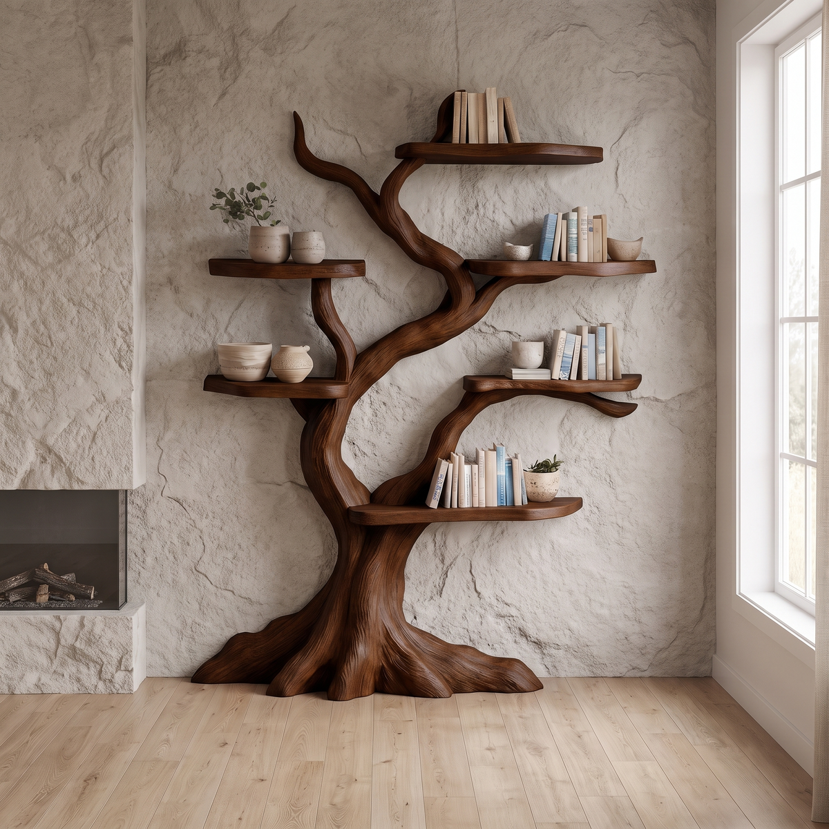 Nightbriar Handcrafted Solid Wood Tree Bookshelf Dark Walnut - Timberustic Tree Bookshelf