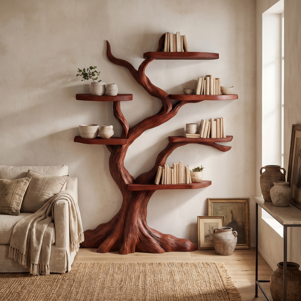Nightbriar Handcrafted Solid Wood Tree Bookshelf Mahogany - Timberustic Tree Bookshelf