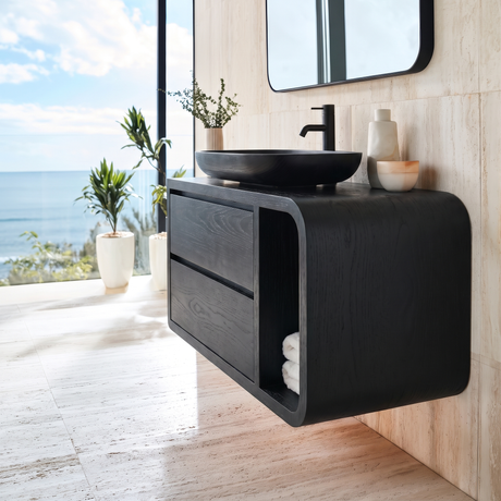 Norveth Sculpted Solid Wood Floating Bathroom Vanity with Drawers SPA548910 Black - Timberustic Floating Bathroom Vanity With Drawers