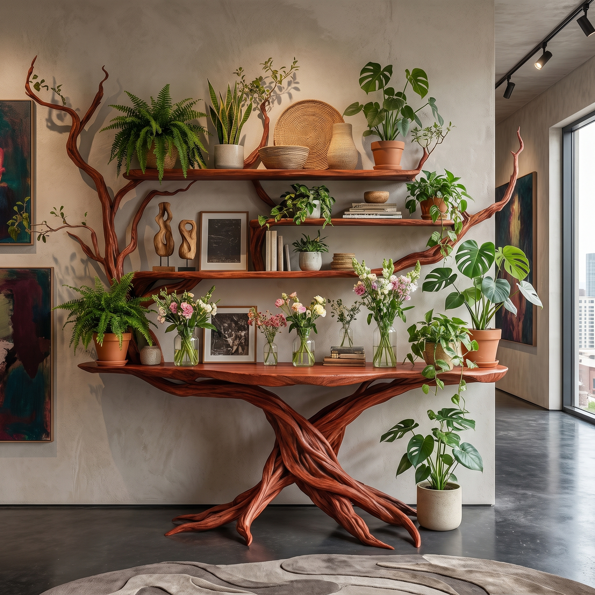 Nythera Sculpted Solid Wood Console Table with Shelves Mahogany - Timberustic Console Table with Shelves