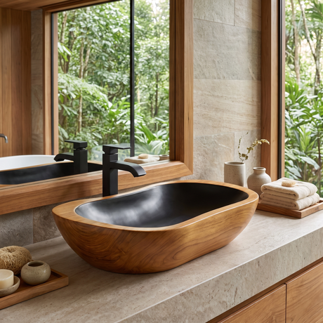 Obsidian Cove Handcrafted Solid Wood Vessel Sink Teak - Timberustic Vessel Sinks