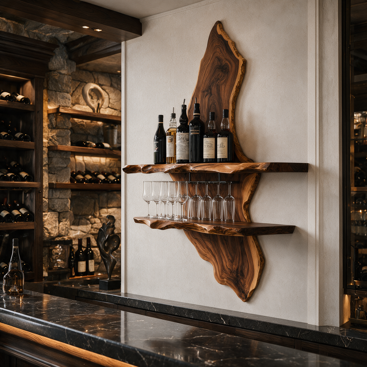 Orlenthis Live Edge Solid Wood Floating Wine Shelf SPA214873 Dark Walnut - Timberustic Floating Wine Shelf