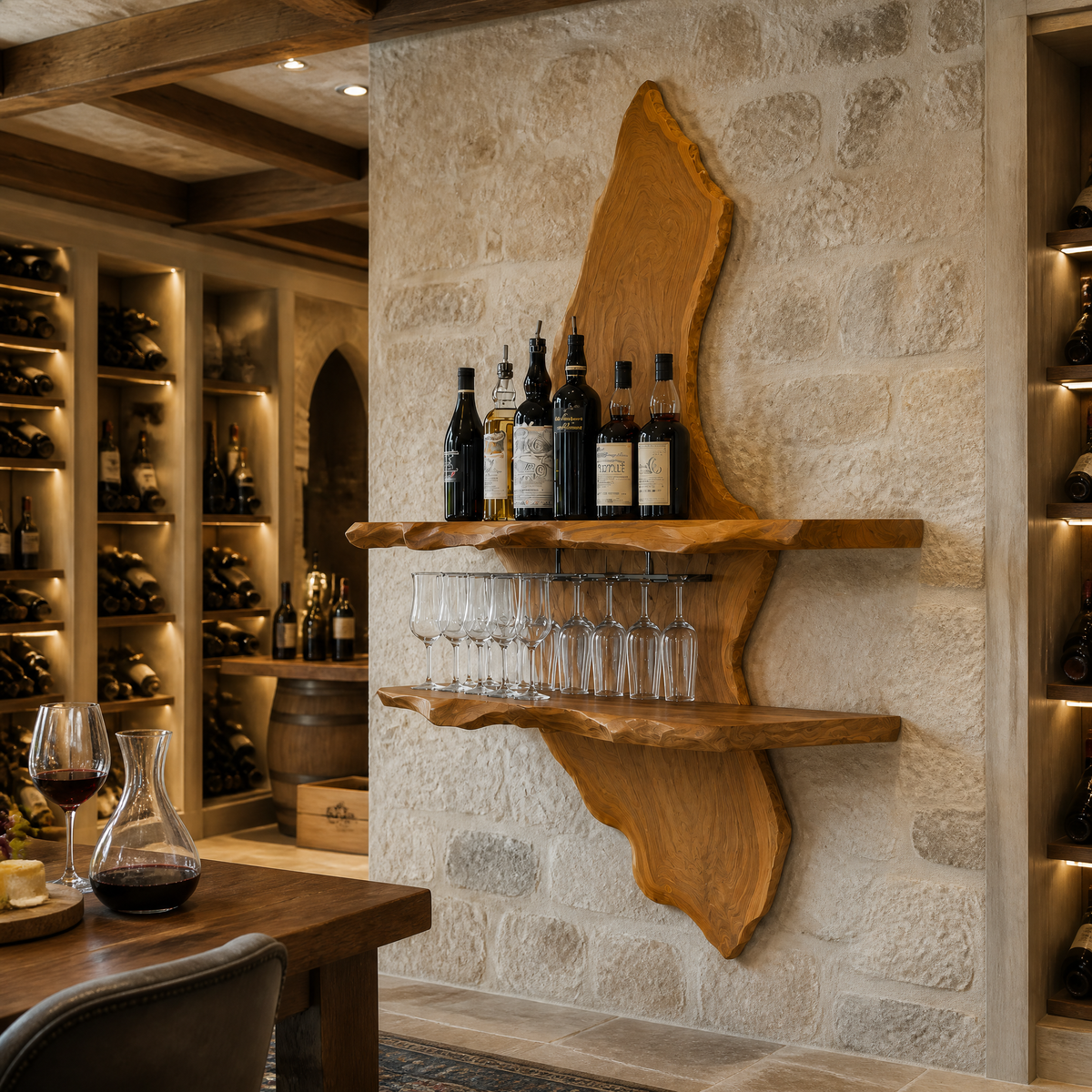 Orlenthis Live Edge Solid Wood Floating Wine Shelf SPA214873 Teak - Timberustic Floating Wine Shelf