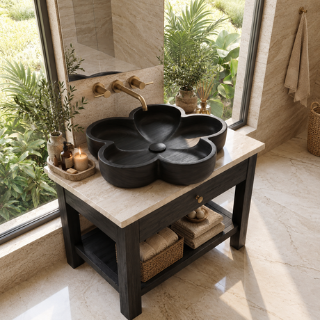 Petalara Handcrafted Solid Wood Flower Vessel Sink Black - Timberustic Vessel Sinks